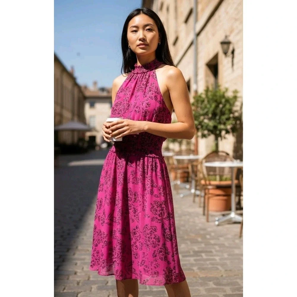 White House Black Market Pink Rose Burnout Smock-Neck Midi Dress SZ 6 Flowy Boho